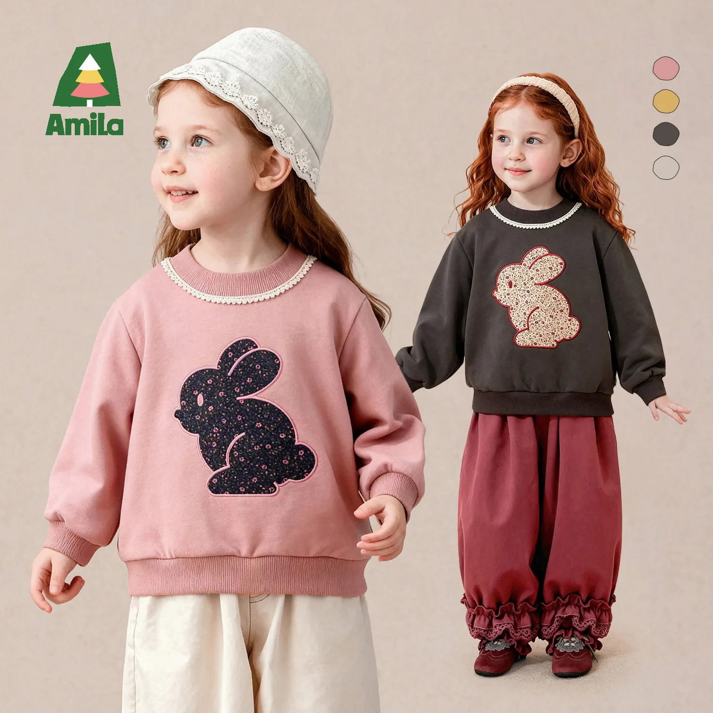 Amila 2026 Autumn New Kids Girls Ruffled Collar Printed Sweatshirt Cute Rabbit Silhouette Pastoral Floral Sweet Top