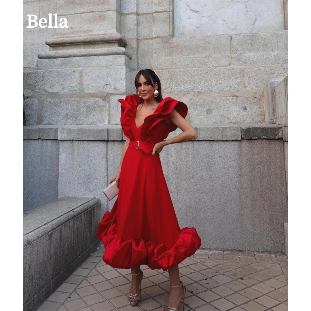 

Bella Customized Red Short Sleeve Robes De Soirée Satin Formal Party Dresses Bud Skirt Draped V-Neck Design Prom Dress 2026