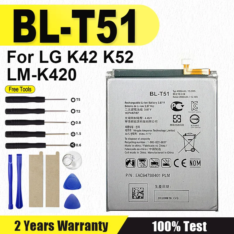 

Новый аккумулятор 4000 мАч BL-T51 для LG K42 K52 LMK420 LM-K420 аккумуляторы для мобильных телефонов + бесплатные инструменты