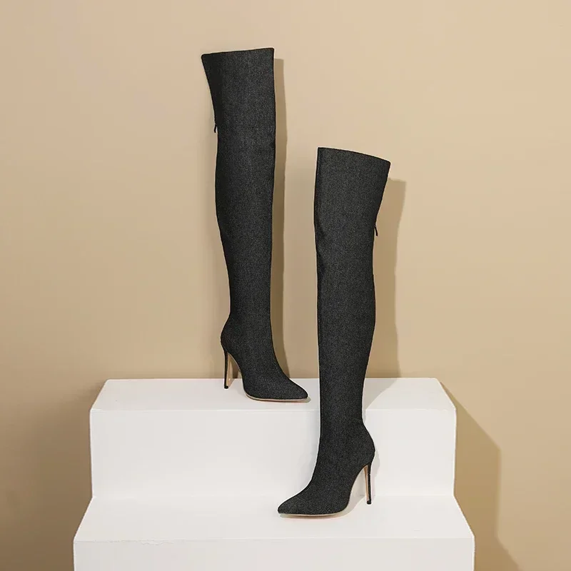 Sexy Women Thigh High Boots Blue Black Denim Thin Stiletto Heels Pointed Toe Party Ladies Back Zipper Jeans Over the Knee Boots - view 6