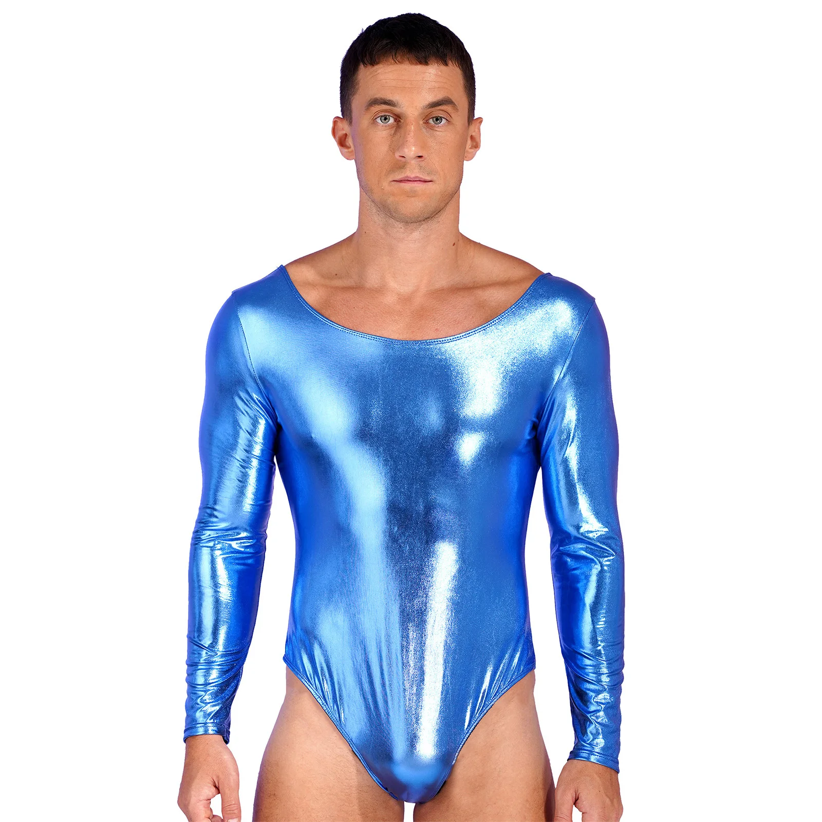 Mens Shiny Patent Leather Bodysuit Wet Look Stretchy Jumpsuit One-piece Swimwear Bodycon Leotard Workout Rave Party Clubwear