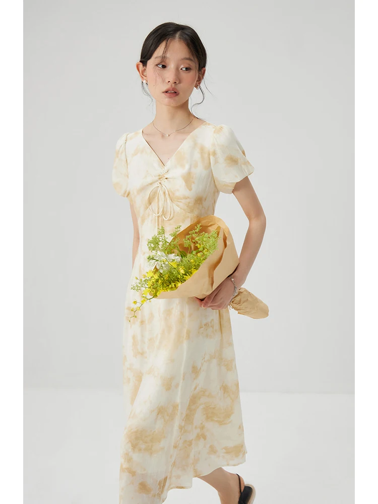 ZIQIAO Petite Blended Printed French Dress for Women\'s Summer 2024 New Vacation Waist Cinching Long A-line Dress 24ZQ92426