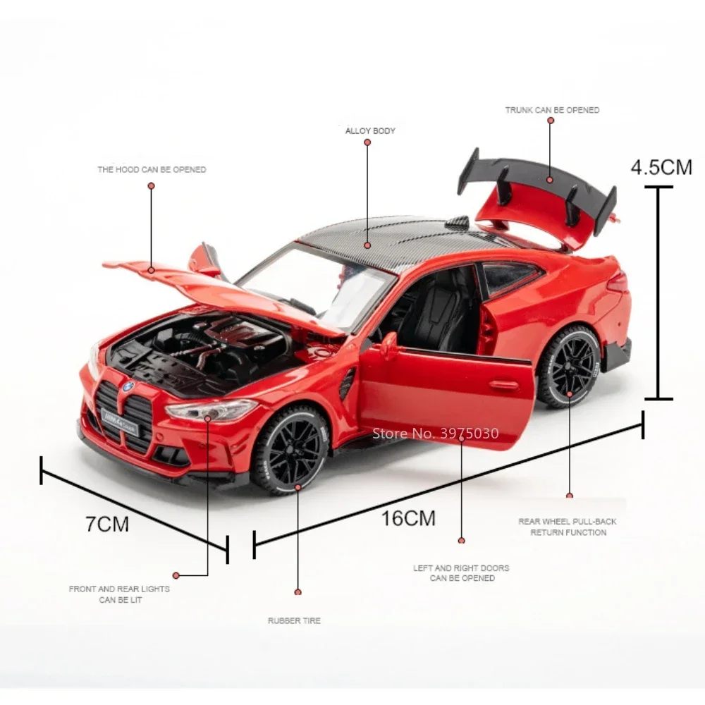 Schaal 1:32 BMW M4 Sportwagens Legering Modellen Speelgoed Rubberen Banden Miniatuur Voertuigen Geluid Licht Trek Auto Kids Collectie Geschenken