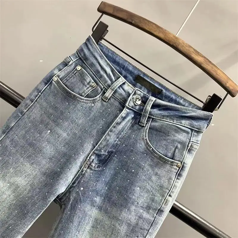 High Waist Denim Wide Leg Flare Pants Ankle-Length Star Embroidery Diamond Jeans Women Harajuku Y2k Trousers American Chic