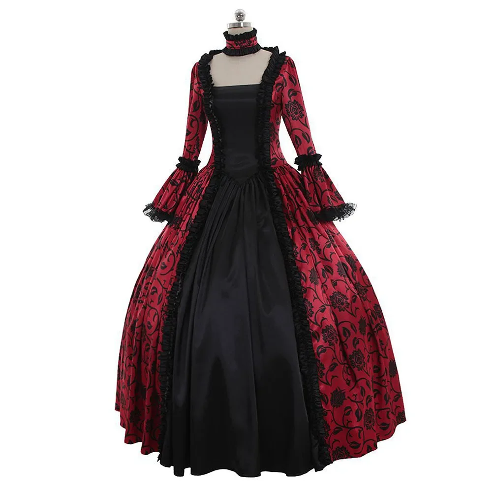 

Masquerade Vitch Vampire Gothic Lace Stitching Long Court Dress Women Victorian Medieval Queen Cosplay Costume