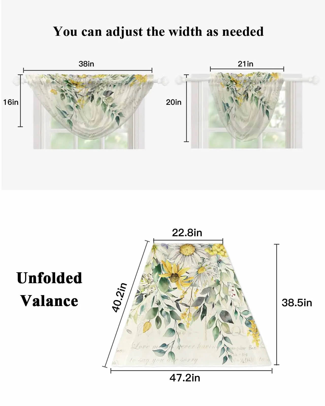 Cortinas de tul irregulares para sala de estar, cortina transparente de gasa para cocina, planta, hojas de eucalipto, campo, flor de salvia, margaritas amarillas