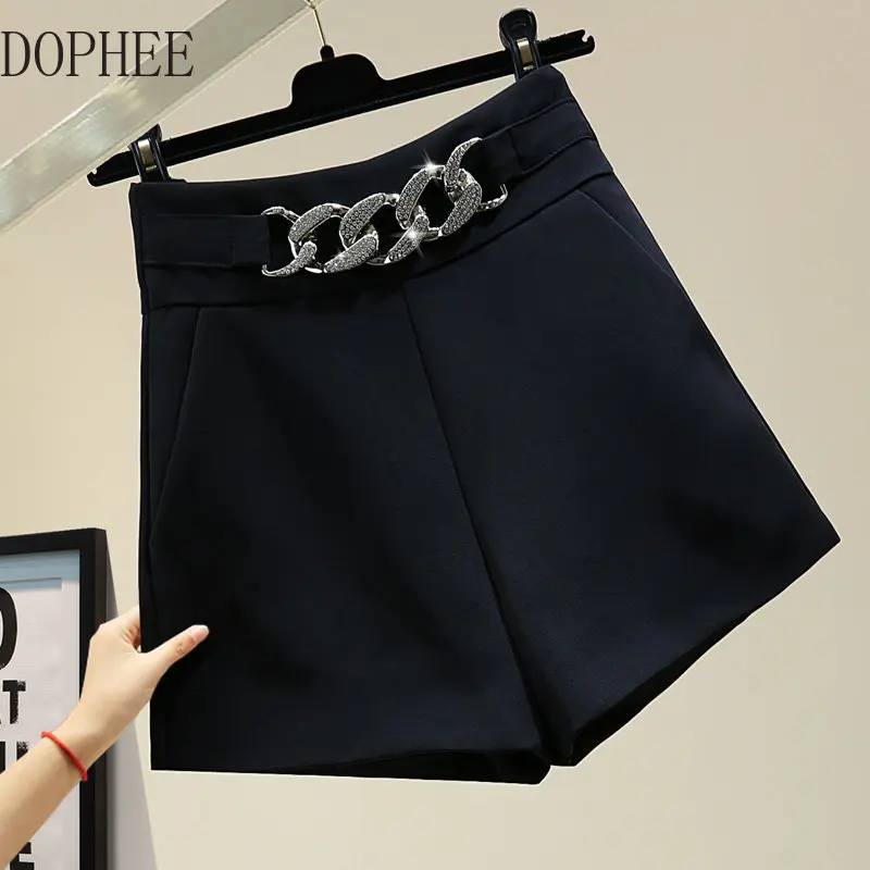 

2022 New Korea Summer Women Wide Leg Shorts Fashion Diamond High Waist All-match Casual Short Pants Solid Color Suit Shorts