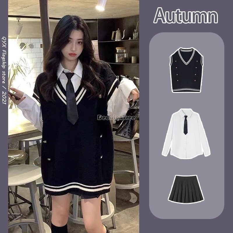 2024 new improved korea style preppy fashion knit waistcoat long sleeve shirt pleated short skirt three-piece suit woman b109