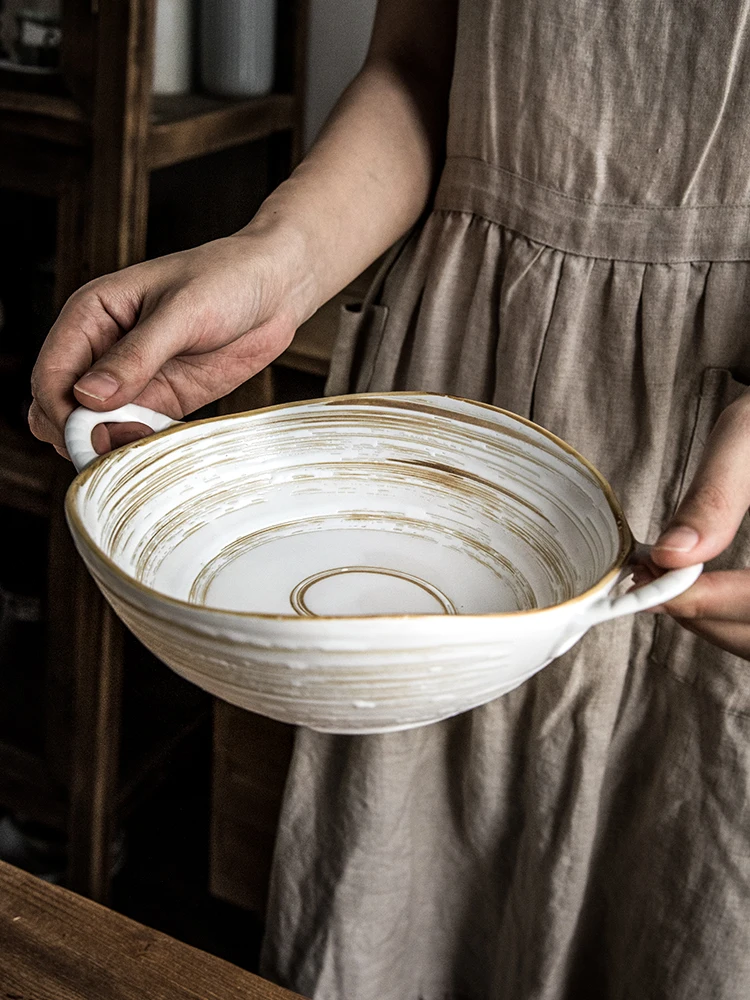 Irregular Shape Ceramic Bowl 7.5 Inch Double Ears Design Unique Salad Noodle Bowl