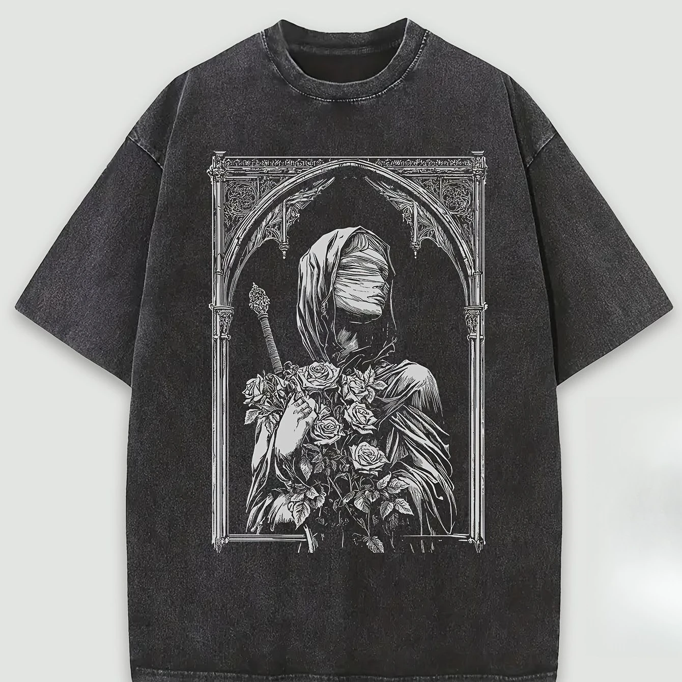 メンズ半袖Tシャツ、スカルプリント、洗濯可能、エイジド加工、ルーズフィット、レトロで快適なストリートカジュアルトップス