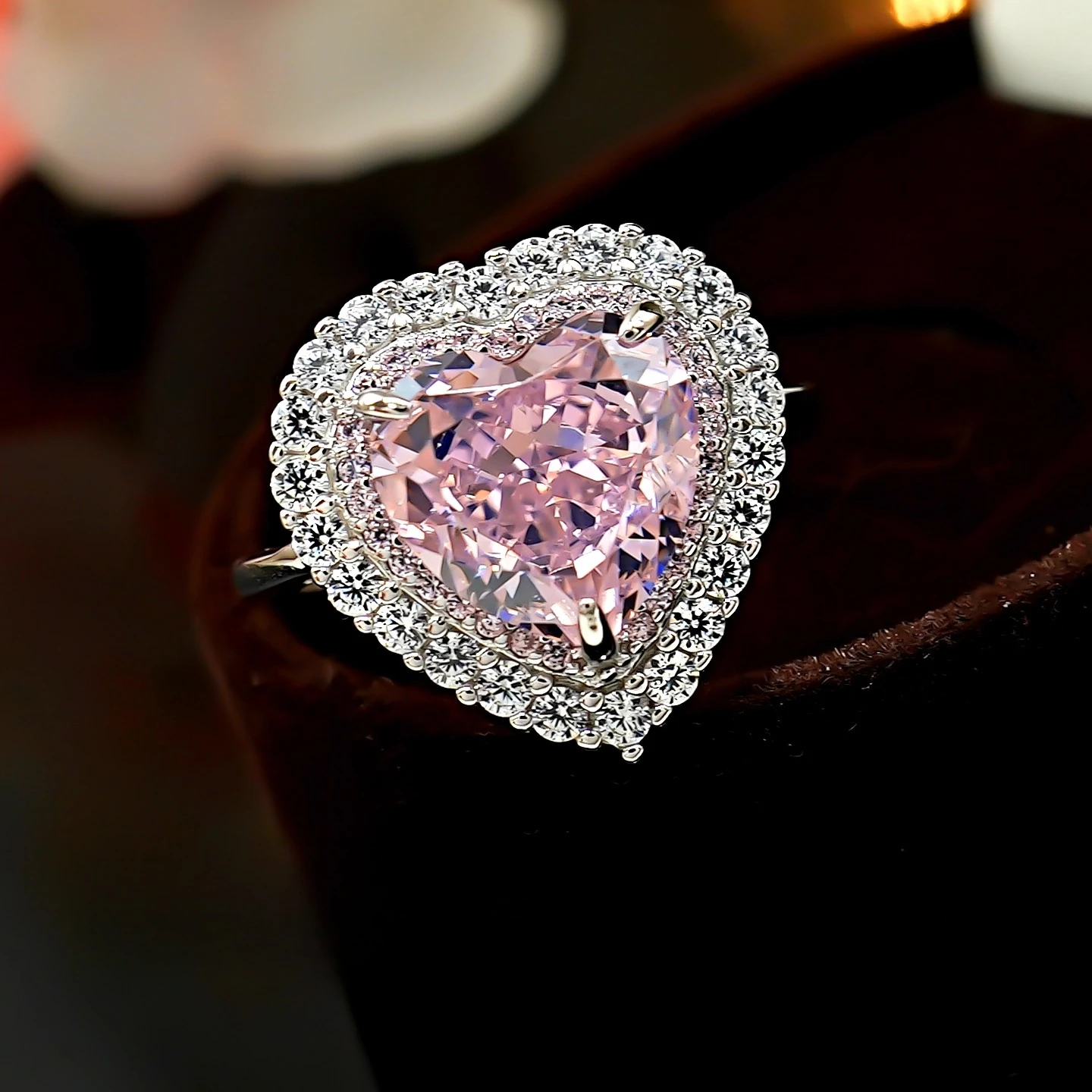 

5-carat cherry blossom heart 925 silver ring with full diamond and micro setting, Redion ice flower, niche high-end feeling