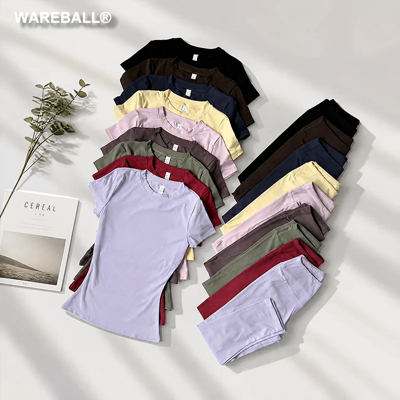 WAREBALL Women's Fitness Set Gym Tracksuit Quick Drying Short Sleeve Workout Capri Pants Sportswear Female Athletic Wear