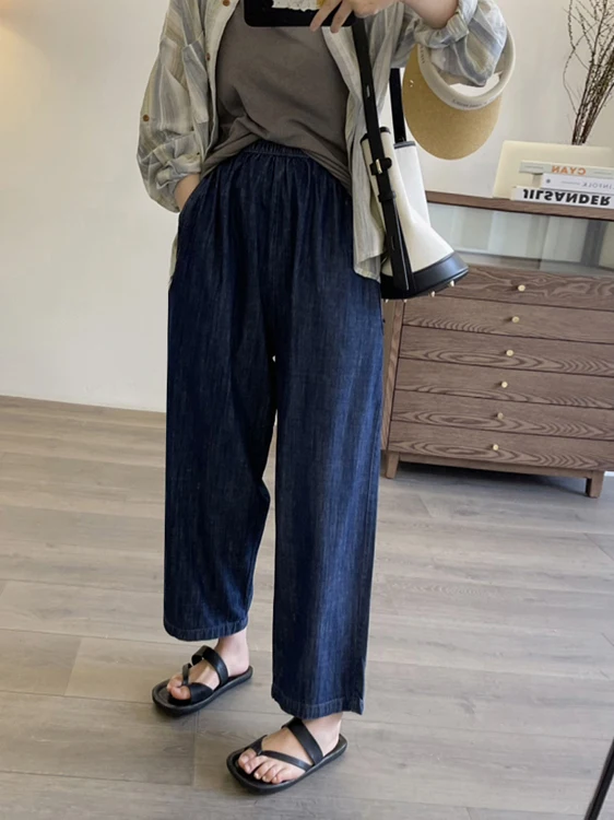Celana Jeans Kaki Lebar Pinggang Tinggi Celana Denim Pelangsing Tipis Musim Panas Wanita Celana Jeans Bootcut Sembilan Poin Kasual Longgar