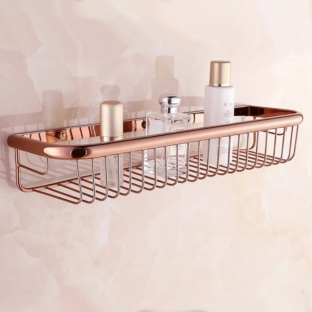 Bathroom Shelf Basket Rose Gold Color Brass Wall Mounted Bath Shower Soap Shampoo Storage Organizer Rack 45cm Nba508