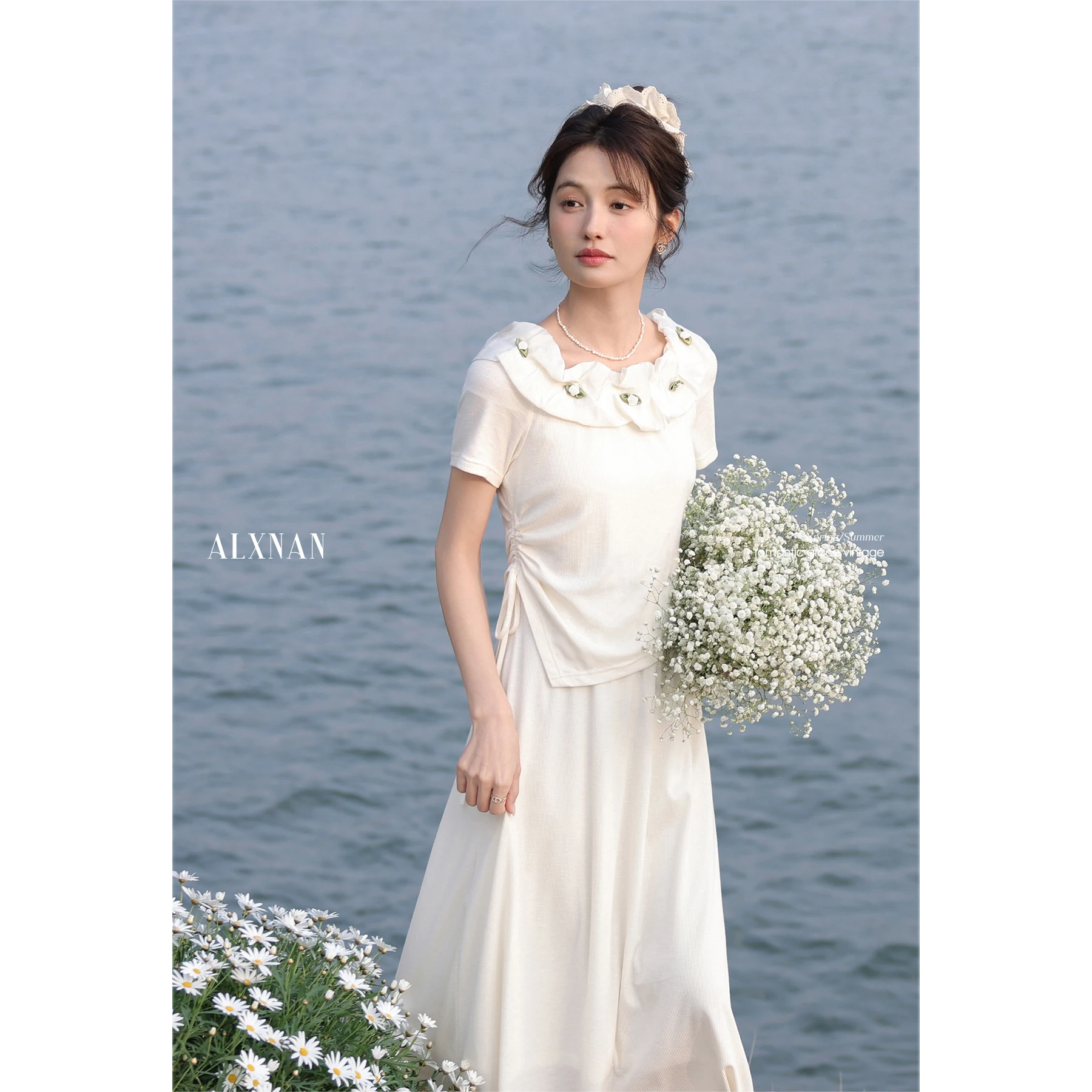 

ALXNAN Women's Long Dress Apricot Oblique Collar Off-shoulder Short Sleeve Dress Summer Casual Holiday Party Clothing DYL661746