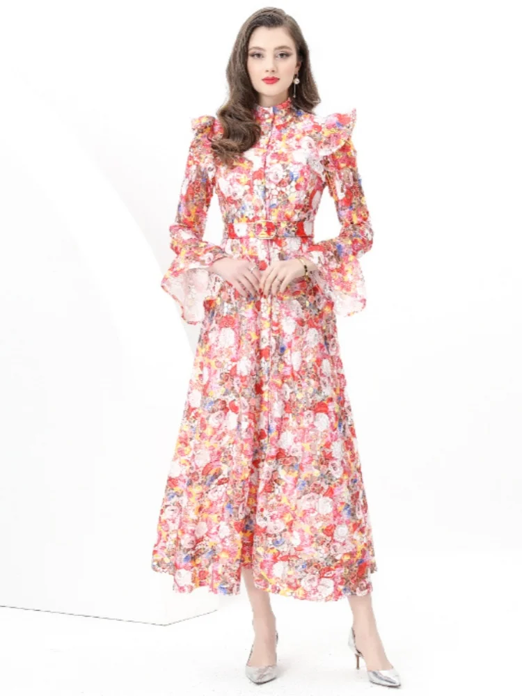 

2025 New Spring Palace Style Stand Collar Long Sleeved Runway Dress Women's Printed Lace Hollow Out Long Dresses