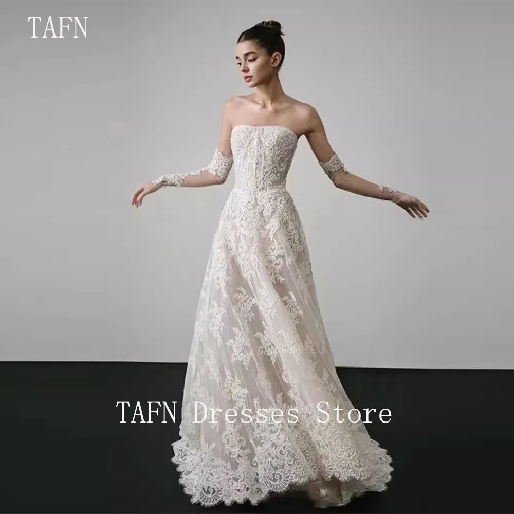 

TAFN Luxury Lace Wedding Dresses Strapless A-line Floor-Length Bridal Gown Custom Made Court Tarin Dresses with Sleeves