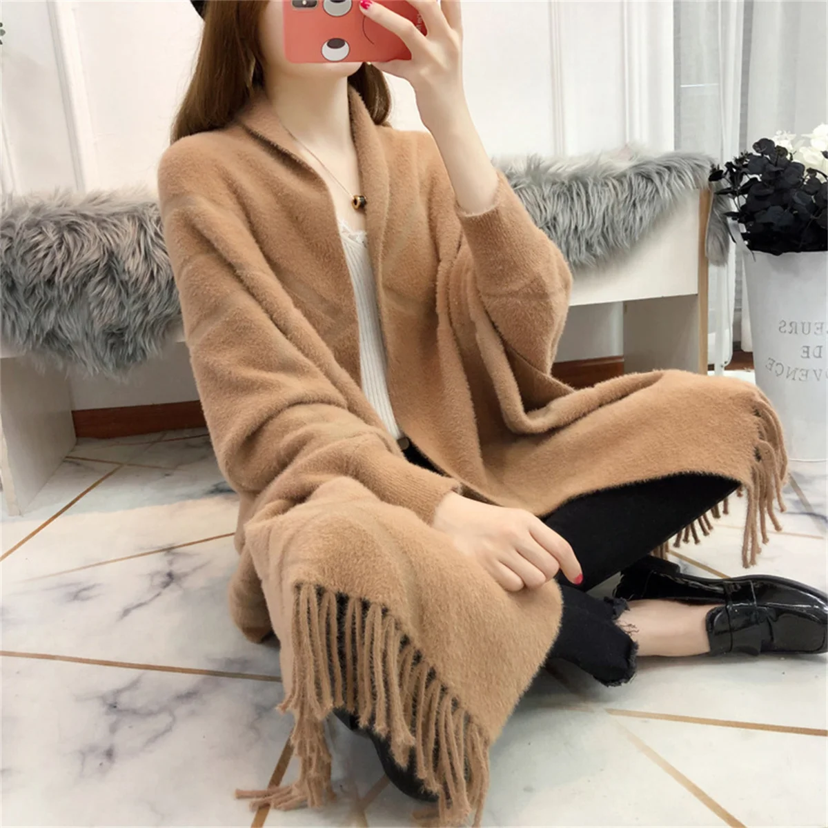 

Custom Made Women Knitted Knurling Faux Mink Velvet Winter Poncho Female Long Batwing Sleeves Knitwear Striped Shawl Coat