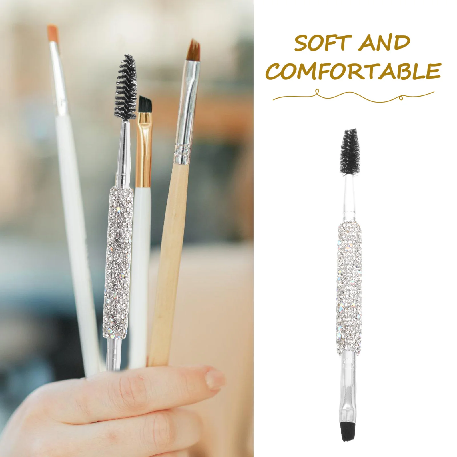 فرشاة حواجب مزدوجة الأطراف من حجر الراين، فاصل رموش مسطحة بزاوية للحواجب الطبيعية، مظهر محدد، تصميم مدمج، جمال أساسي