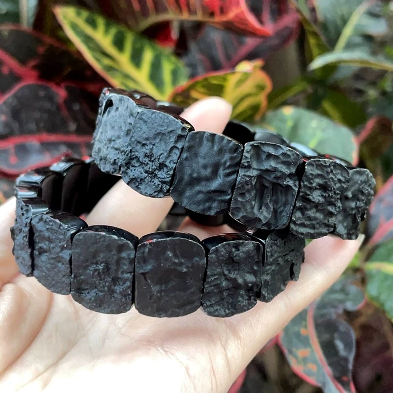 New Natural Stone Black Indochinite Tektite Rectangular Rough Bracelet For Men And Women Punk Style Energy Lucky Health Jewelry
