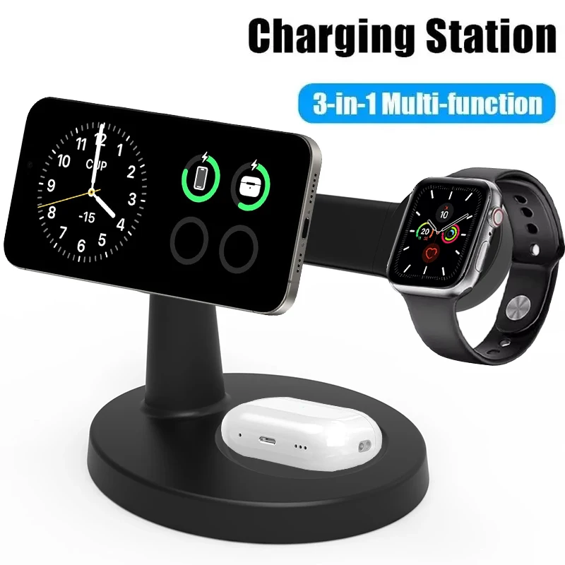 3 In 1 Magnetic Wireless Charger Stand For Magsafe iPhone 16 15 14 13 Pro Max Apple Watch 9 8 AirPods Pro Fast Charging Station