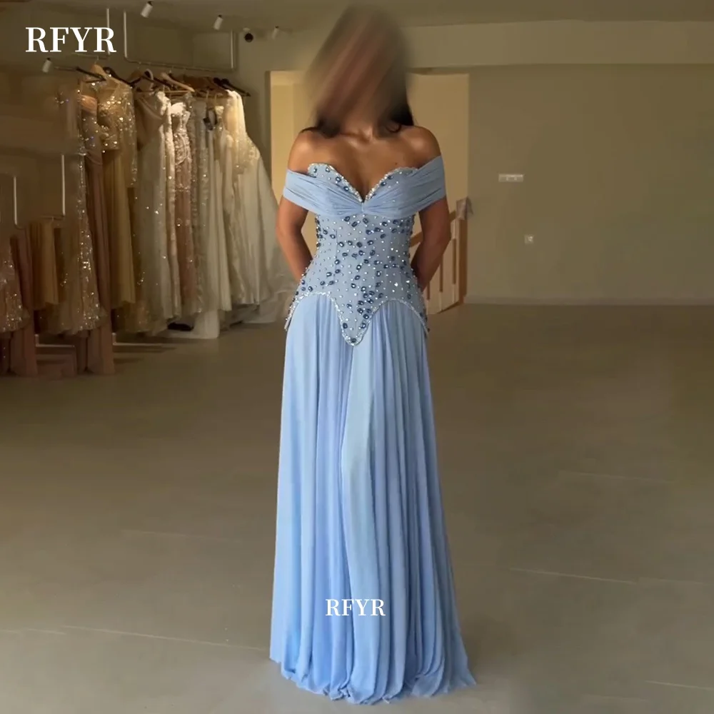 RFYR Blue Prom Dress with Rhone Stones Beading Party Dress A Line Off Shoulder Evening Dress for Arabic Women Customized