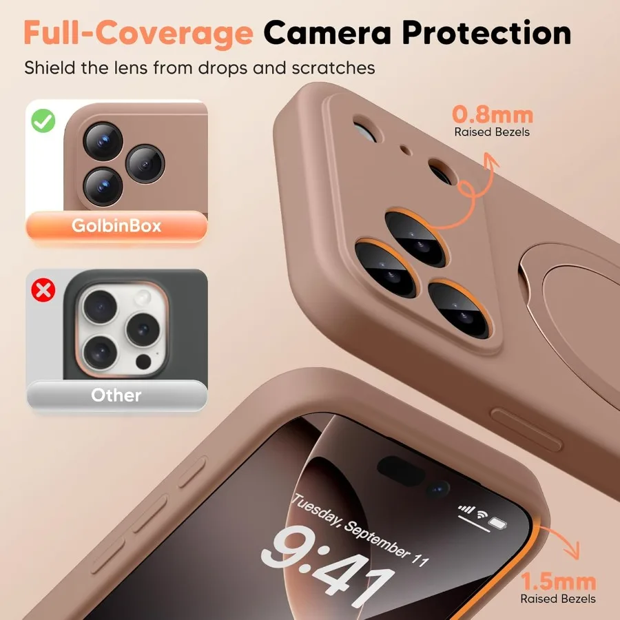 Custodia con supporto magnetico marrone 360 Spin per iPhone 17 Pro Max 6,9'' con protezione completa della fotocamera e design in silicone liquido antiurto