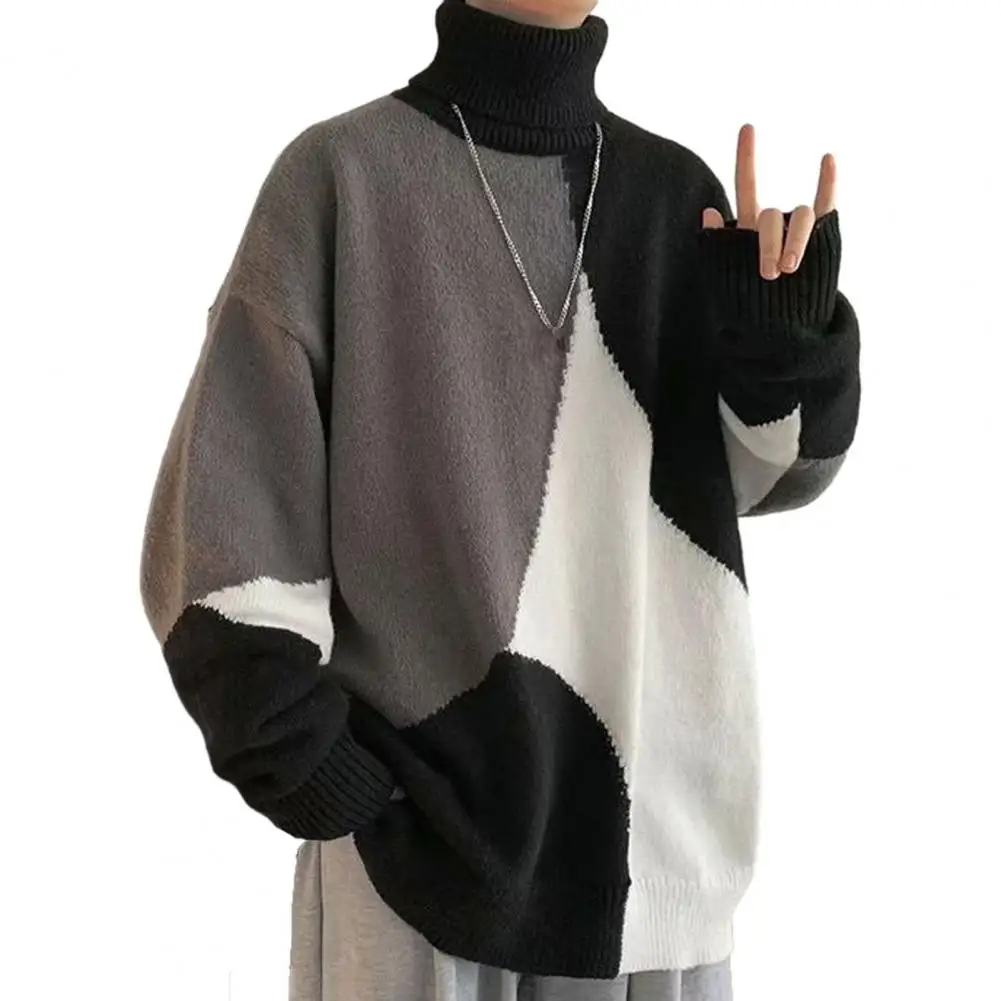 

Base Layer Sweater Men's High Collar Colorblock Knitted Turtleneck Sweater Warm Cozy Pullover for Autumn Winter Casual for Men