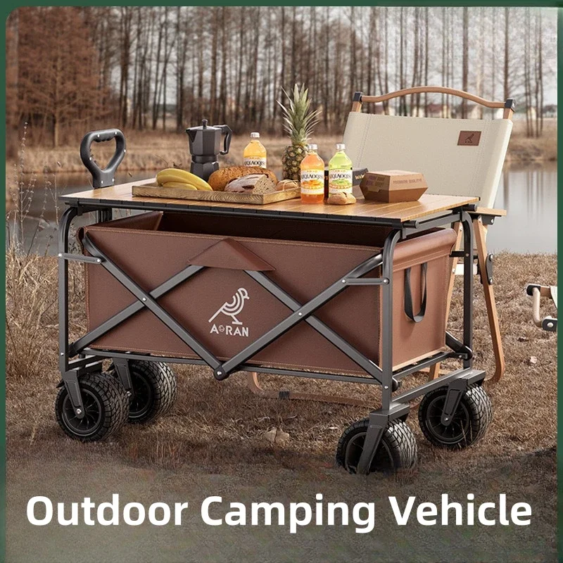 Outdoor Camping Cart Foldable Hand-pushed Outdoor Picnic Cart With Large Table Board Portable Camp Trailer Table Board Camping