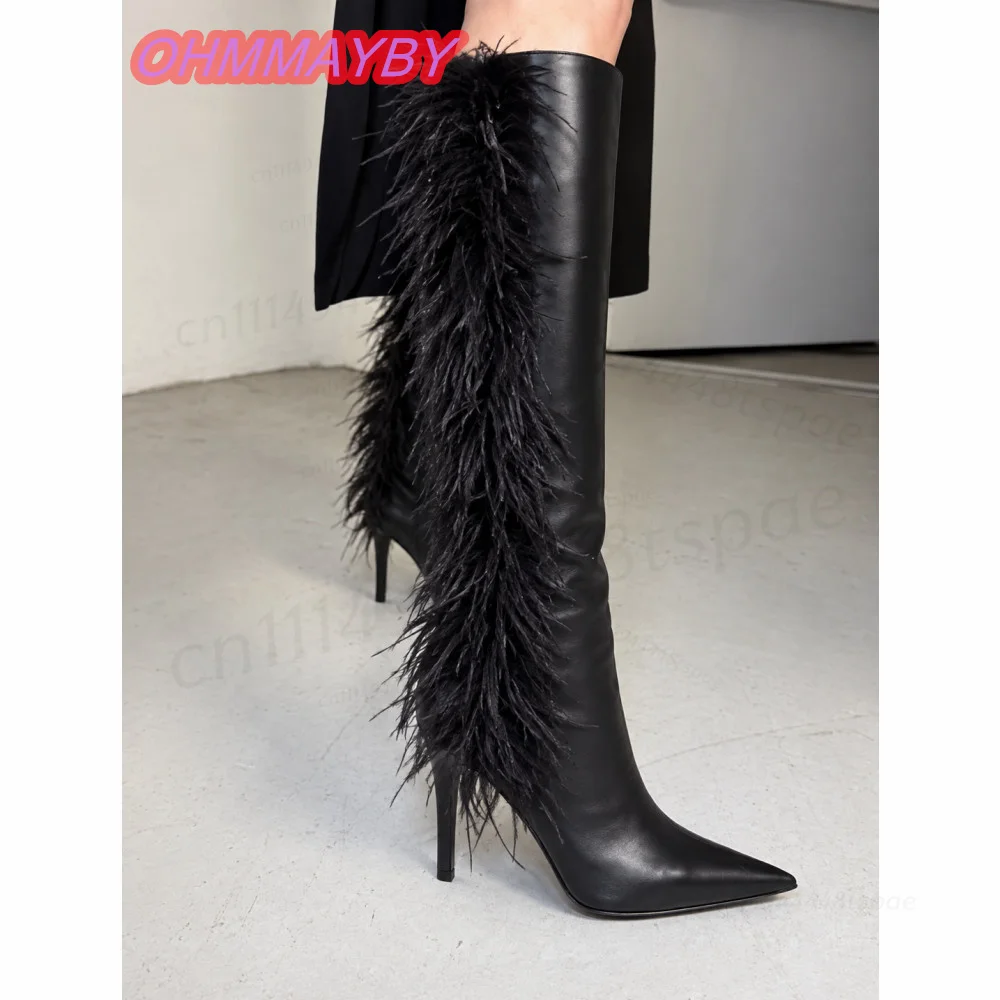 Black Feather Trim Knee High Boots for Women Pointed Toe Stiletto High Heels Smooth Finish Tall Shaft Evening Party Stage Shoes