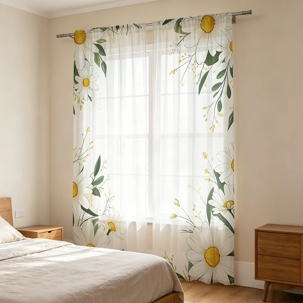 2PCS Digital Printed Sheer Curtain, Daisy Floral Border Print, Charming Vintage Rustic for Living Room Bedroom Home Decor - view 2