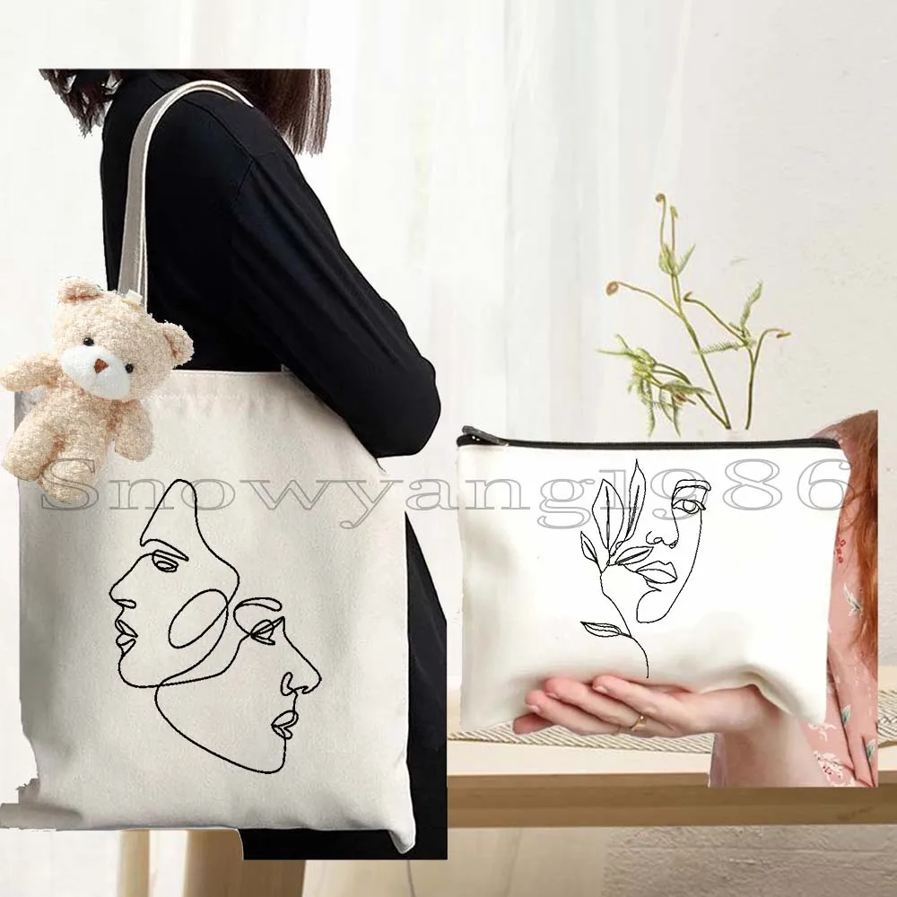 3pcs Abstract One Line Art Poster Floral Woman Face With Rose Head Drawings One Line Couple Minimalis Canvas Tote Bag Handbag