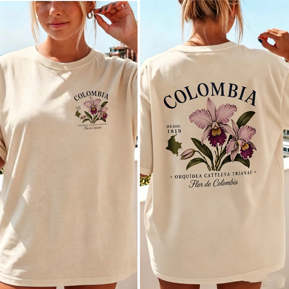 Women Colombia Cattleya Orchid Double Sided Print T Shirt National Flower Map Letter Tee Casual Cotton South Tropical Floral Top