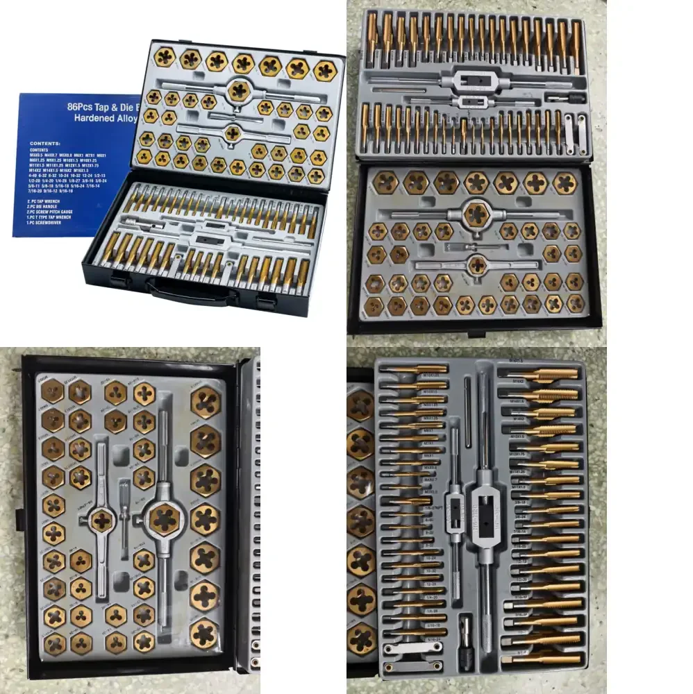 

86pc All in One Tap and Die Set in SAE Metric Titanium Coated Standard Internal External Threading Wrench Handle Bearing