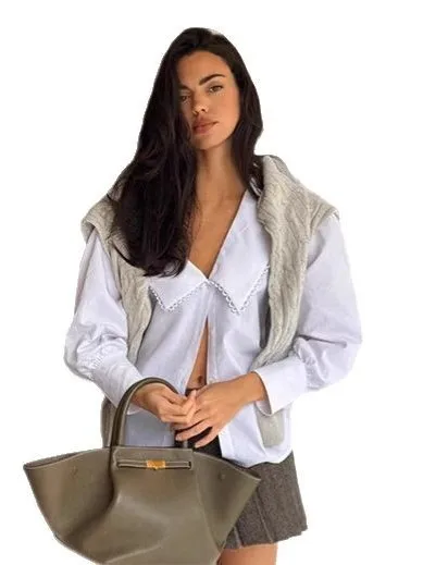 Luźna bluzka z falbankami dla kobiet, codzienna, z kołnierzykiem, długa bluzka, chińska marka, damska, premium, letnia moda.