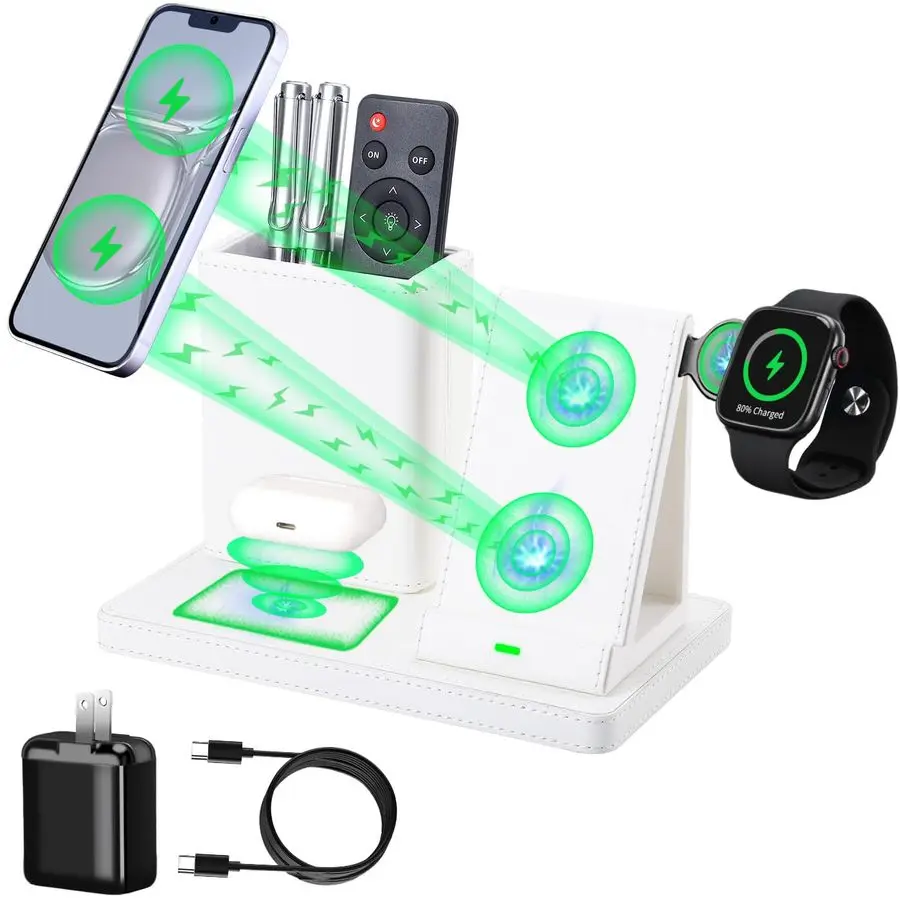 

Leather Pen Holder Desk Organizer with 3in1 Wireless Charger for Phone, Earbuds, Watch Desktop Phone Stand,birthday gifts for wo
