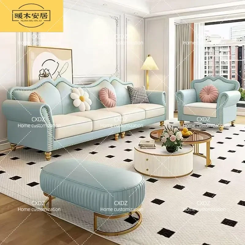 Cream Style High End Villa Simple Combination Leather Sofa Household Color Matching Straight Row Sofa
