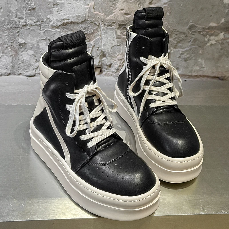 Men Black  White High Top Board Shoes Side Zipper Height Increase Anti Slip Wear-resistant Comfortable Fashionable Boots