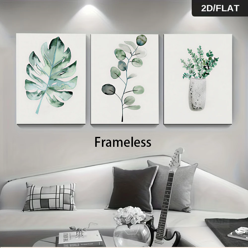 1 set of three frameless decorative paintings featuring Monstera deliciosa and eucalyptus leaves (2D flat design)