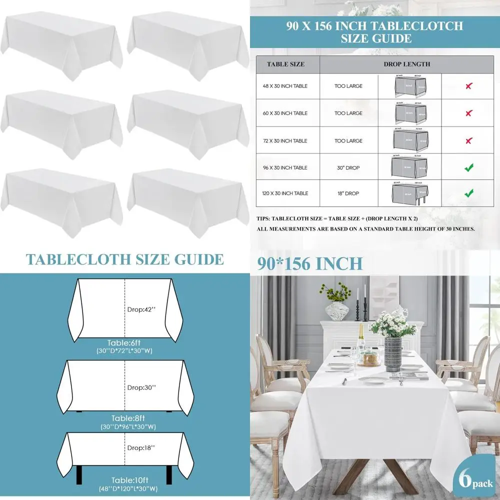 

6 Pack 90x156 Inch Polyester Tablecloths - Stain & Wrinkle Resistant, Ideal for Dining, Parties, and Weddings (White)