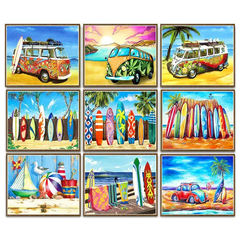 

CHENISTORY Diamond Embroidery Mosaic Beach Bus Scenery Diamond Painting Full Square/Round Color Surfboard Diy Home Decor