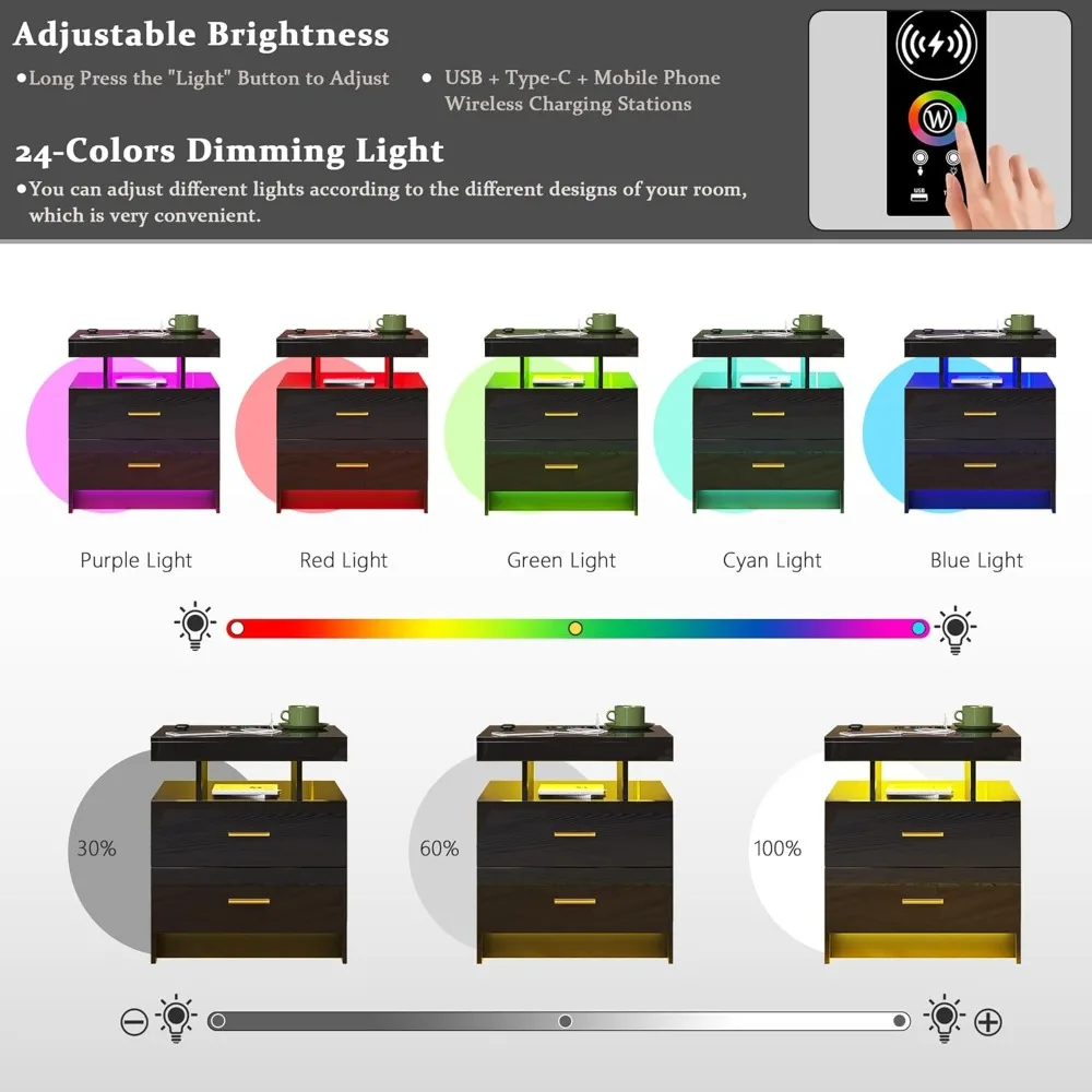 منضدة LED تلقائية مع شحن لاسلكي ومنافذ USB، وطاولة بجانب السرير عالية اللمعان مع درجين، وتصميم عائم #5