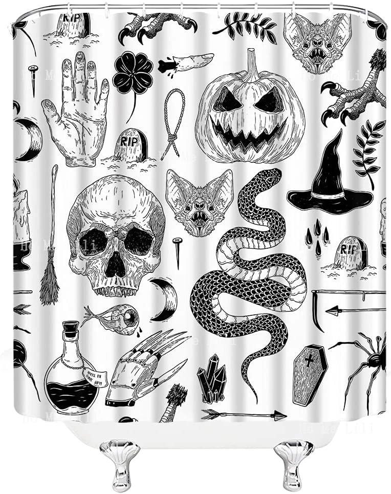 Halloween Spooky Black Alchemy Magic World Witch Pumpkin Witchcraft Horror Skull Spooky Ghosts Boho Shower Curtain