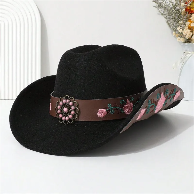 Leather flower embroidered hat wide-brimmed top ethnic style