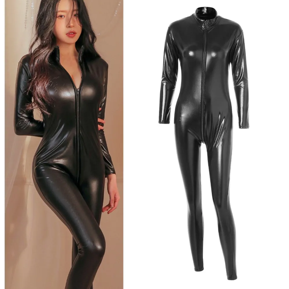 Tuta in ecopelle PU da donna Sexy tuta a maniche lunghe con cerniera sul cavallo aperto collant Costume Cosplay Plus Size