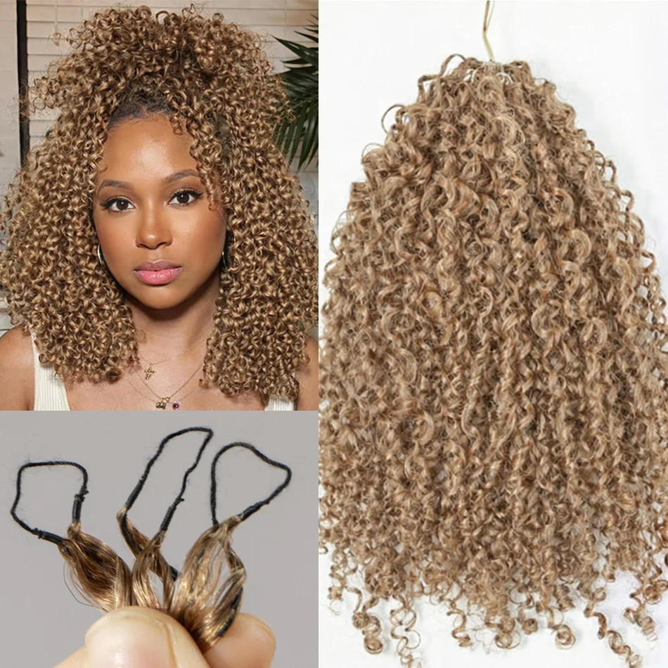 

12A Медово-блонд, мелкие спиральные кудри, волосы для плетения крючком, косы-пучки, натуральные волосы, глубокие кудри пикси, пряди для наращивания, предварительно разделенные