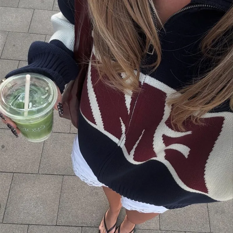 الرجعية المتناثرة تقسم بسيطة سستة سترة متماسكة سترة أزياء عارضة سترة الرجال Y2k إلكتروني التطريز ملابس النساء أعلى #5