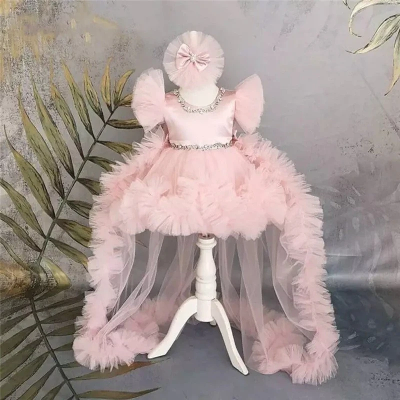 2026 Pink Kids Tulle Formal Dress 3 Piece Set Children GirlsGirl Wedding Tutu Short Gown Costume Sweep Train Lace Baby Flower