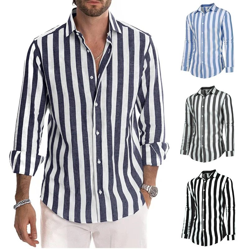 

Mens Striped Shirt Loose Breathable V Neck 2023 Streetwear Long Sleeve Casual Brand Shirts Camisas Hombre