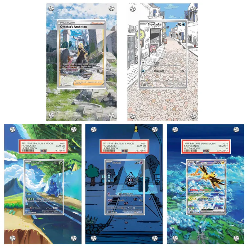 exibicao-de-arte-para-cartao-pokemon-cynthia-zapdos-duskull-acrilico-estendido-pintura-preso-tijolo-anime-colecao-cartao-expositor